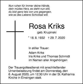 Traueranzeige von Rosa Kriks von SÜDWEST PRESSE Ausgabe Ulm/Neu-Ulm