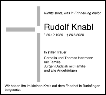 Traueranzeige von Rudolf Knabl von SÜDWEST PRESSE Ausgabe Ulm/Neu-Ulm