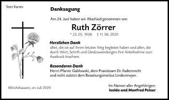 Traueranzeige von Ruth Zörrer von Hohenloher Tagblatt