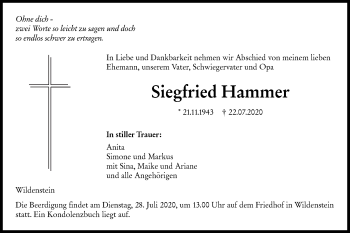 Traueranzeige von Siegfried Hammer von Hohenloher Tagblatt