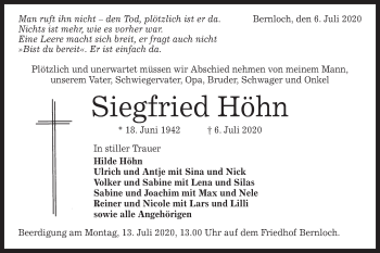 Traueranzeige von Siegfried Höhn von Alb-Bote/Metzinger-Uracher Volksblatt