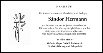 Traueranzeige von Sándor Hermann von Haller Tagblatt