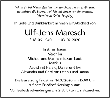 Traueranzeige von Ulf-Jens Maresch von SÜDWEST PRESSE Ausgabe Ulm/Neu-Ulm