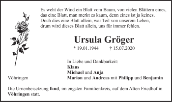 Traueranzeige von Ursula Gröger von Illertal Bote