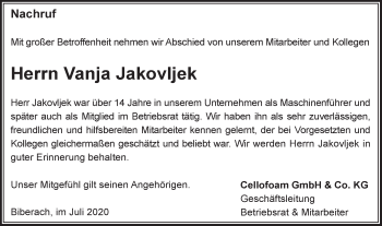 Traueranzeige von Vanja Jakovljek von SÜDWEST PRESSE Ausgabe Ulm/Neu-Ulm