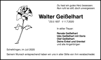 Traueranzeige von Walter Geißelhart von Ehinger Tagblatt