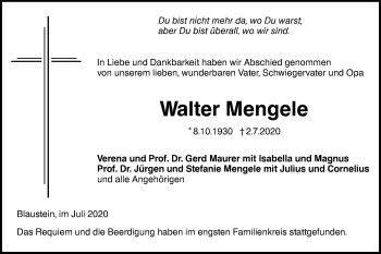 Traueranzeige von Walter Mengele von SÜDWEST PRESSE Ausgabe Ulm/Neu-Ulm