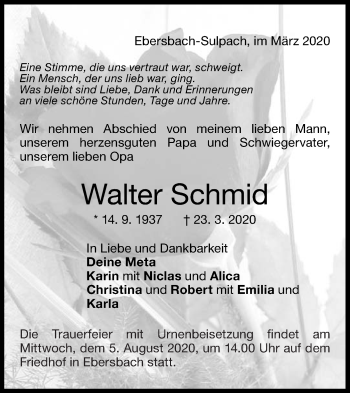 Traueranzeige von Walter Schmid von NWZ Neue Württembergische Zeitung