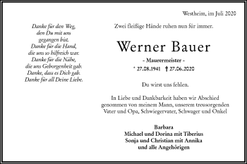 Traueranzeige von Werner Bauer von Haller Tagblatt