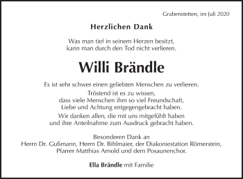 Traueranzeige von Willi Brändle von Alb-Bote/Metzinger-Uracher Volksblatt