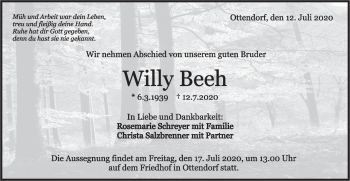 Traueranzeige von Willy Beeh von Rundschau Gaildorf