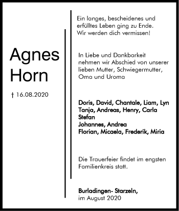 Traueranzeige von Agnes Horn von Hohenzollerische Zeitung