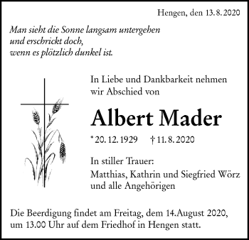 Traueranzeige von Albert Mader von Alb-Bote/Metzinger-Uracher Volksblatt