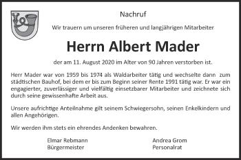 Traueranzeige von Albert Mader von Metzinger-Uracher Volksblatt