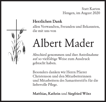 Traueranzeige von Albert Mader von Metzinger-Uracher Volksblatt