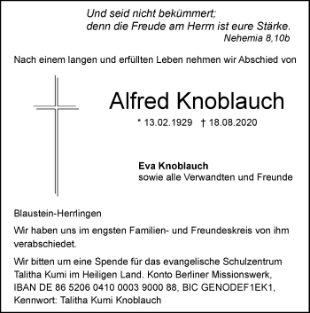 Traueranzeige von Alfred Knoblauch von SÜDWEST PRESSE Ausgabe Ulm/Neu-Ulm