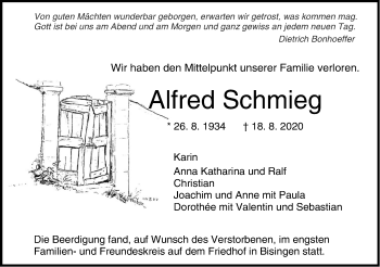 Traueranzeige von Alfred Schmieg von Hohenzollerische Zeitung