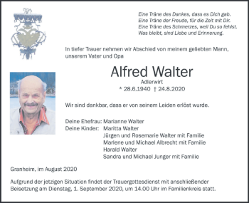 Traueranzeige von Alfred Walter von Ehinger Tagblatt