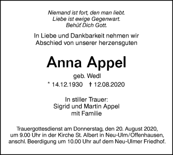 Traueranzeige von Anna Appel von SÜDWEST PRESSE Ausgabe Ulm/Neu-Ulm