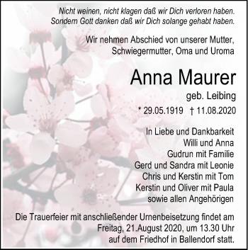 Traueranzeige von Anna Maurer von SÜDWEST PRESSE Ausgabe Ulm/Neu-Ulm