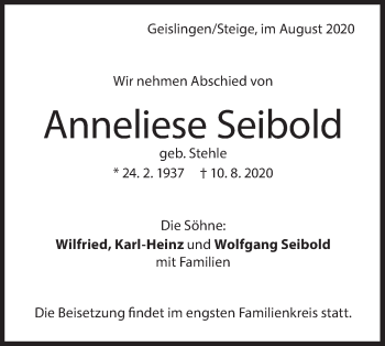 Traueranzeige von Anneliese Seibold von Geislinger Zeitung