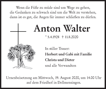 Traueranzeige von Anton Walter von SÜDWEST PRESSE Ausgabe Ulm/Neu-Ulm