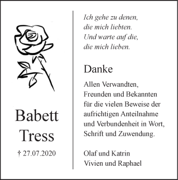 Traueranzeige von Babett Tress von SÜDWEST PRESSE Ausgabe Ulm/Neu-Ulm