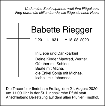 Traueranzeige von Babette Riegger von SÜDWEST PRESSE Ausgabe Ulm/Neu-Ulm