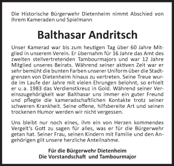 Traueranzeige von Balthasar Andritsch von Illertal Bote