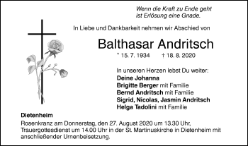 Traueranzeige von Balthasar Andritsch von Illertal Bote