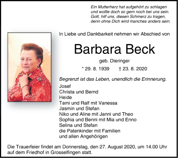 Traueranzeige von Barbara Beck von Hohenzollerische Zeitung