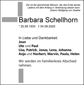 Traueranzeige von Barbara Schellhorn von SÜDWEST PRESSE Ausgabe Ulm/Neu-Ulm