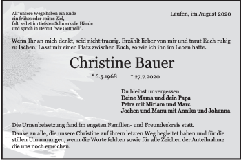 Traueranzeige von Christine Bauer von Rundschau Gaildorf
