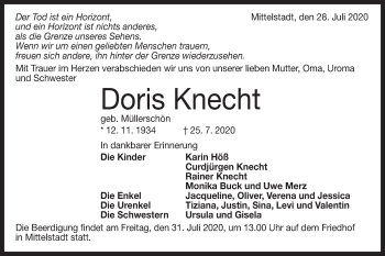 Traueranzeige von Doris Knecht von Metzinger-Uracher Volksblatt