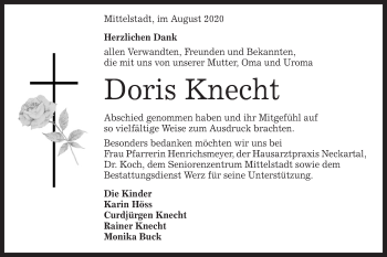 Traueranzeige von Doris Knecht von Metzinger-Uracher Volksblatt