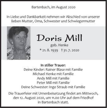 Traueranzeige von Doris Mill von NWZ Neue Württembergische Zeitung