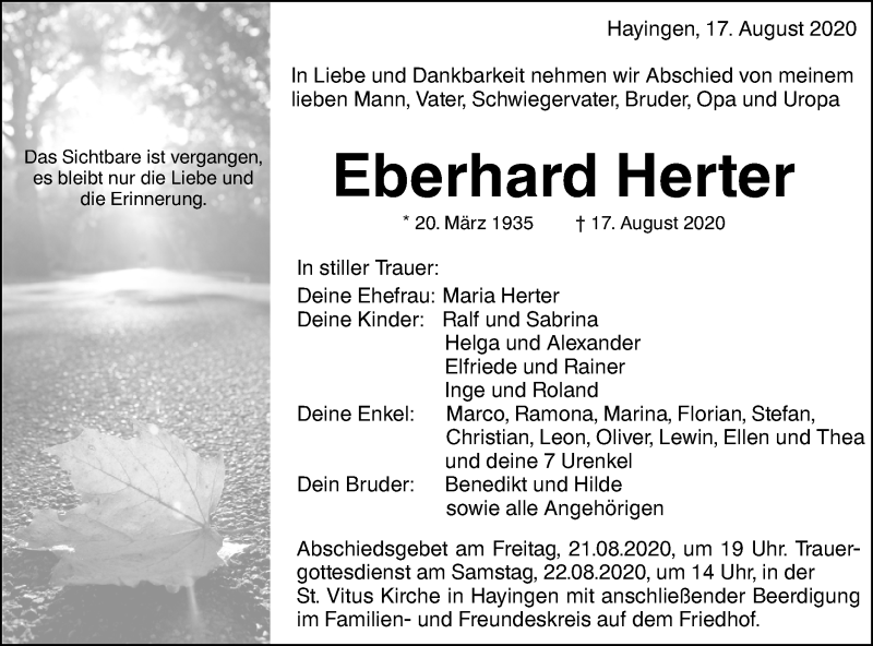  Traueranzeige für Eberhard Herter vom 20.08.2020 aus Alb-Bote/Metzinger-Uracher Volksblatt