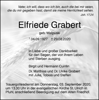 Traueranzeige von Elfriede Grabert von SÜDWEST PRESSE Ausgabe Ulm/Neu-Ulm