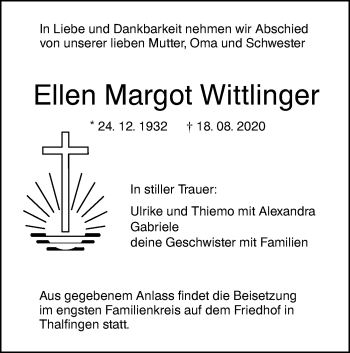 Traueranzeige von Ellen Margot Wittlinger von SÜDWEST PRESSE Ausgabe Ulm/Neu-Ulm