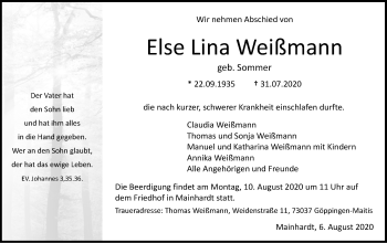 Traueranzeige von Else Lina Weißmann von Haller Tagblatt