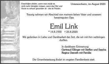 Traueranzeige von Emil Link von Haller Tagblatt