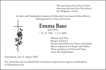 Traueranzeige von Emma Baur von Illertal Bote