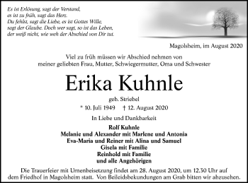 Traueranzeige von Erika Kuhnle von Alb-Bote/Metzinger-Uracher Volksblatt