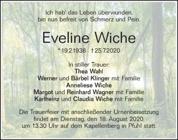 Traueranzeige von Eveline Wiche von SÜDWEST PRESSE Ausgabe Ulm/Neu-Ulm