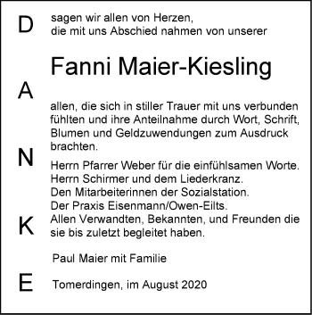 Traueranzeige von Fanni Maier-Kiesling von SÜDWEST PRESSE Ausgabe Ulm/Neu-Ulm