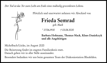 Traueranzeige von Frieda Semrad von Hohenloher Tagblatt