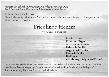 Traueranzeige von Friedlinde Hentze von Hohenloher Tagblatt