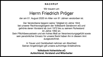 Traueranzeige von Friedrich Pröger von Hohenloher Tagblatt