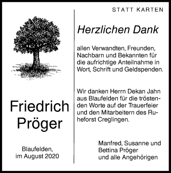 Traueranzeige von Friedrich Pröger von Hohenloher Tagblatt