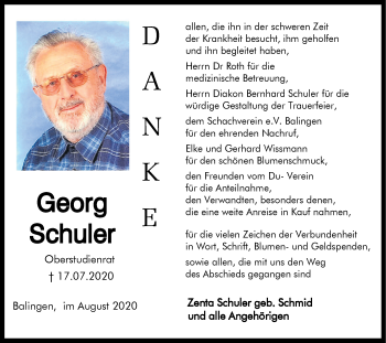 Traueranzeige von Georg Schuler von Hohenzollerische Zeitung